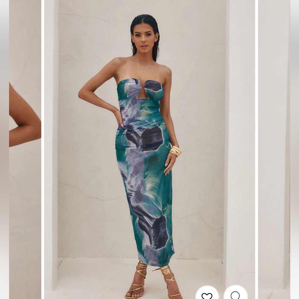 12th Tribe Teal & Navy Watercolor Strapless Midi Dress - Picture 2 of 6